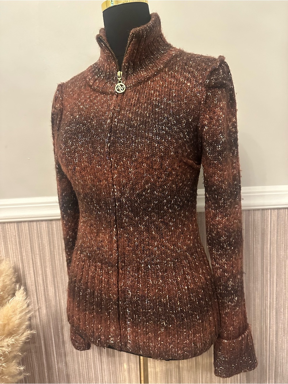 Adrienne Vittadini Studio M Brown Metallic Wool Blend Zip Cardigan Sweater - Picture 2 of 12